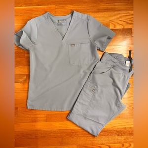 Figs scrubs Catarina top and Kade bottoms, color Dusty Blue, Medium